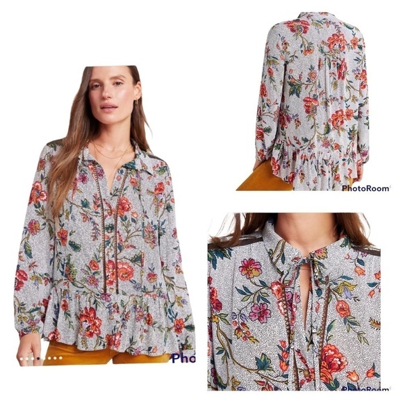 MAEVE x ANTHROPOLOGIE Janie Floral Flounced Long Sleeve Peasant Top Size 0/XS - Picture 1 of 9